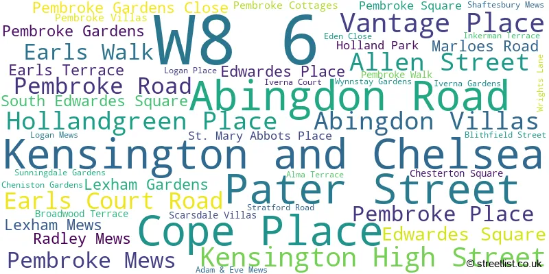 A word cloud for the W8 6 postcode